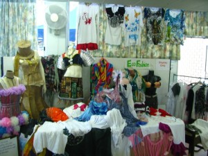 Clothing made from recycled materials display
